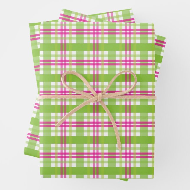 Pink and Green Plaid Wrapping Paper Sheet (In situ)