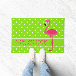 Pink and Green Polka Dot Flamingo Personalised Doormat