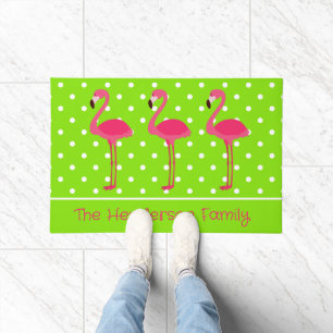 Pink and Green Polka Dot Flamingos Personalised Doormat