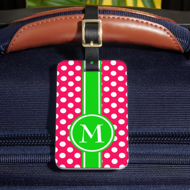 Pink and Green Polka Dot Monogram Luggage Tag (Front Insitu 2)