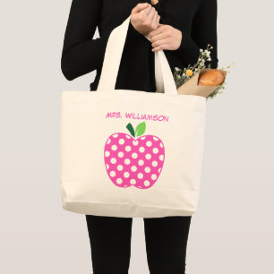 Pink and Green Polka Dot Teacher's Apple Large Tote Bag