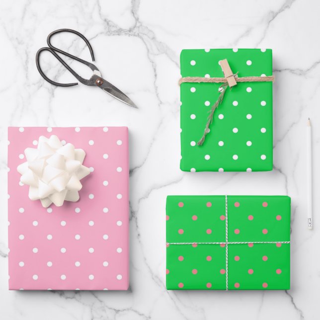 Pink and Green Polka Dots Trio Wrapping Paper Sheet (Front)