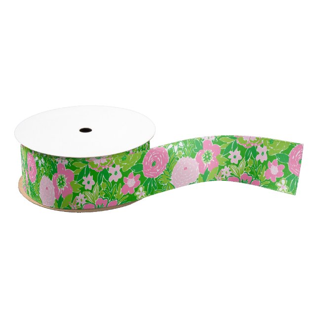 Pink and Green Preppy Palm Beach Floral Grosgrain Ribbon (Spool)