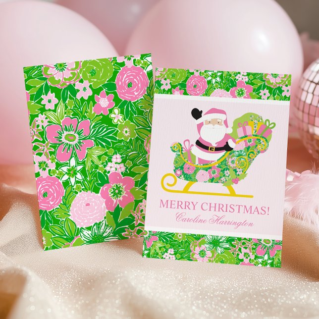 Pink and Green Preppy Palm Beach Santa Holiday Card (Creator Uploaded)