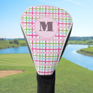Pink and green preppy plaid custom monogram ladies golf head cover
