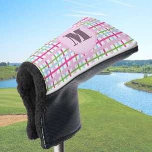 Pink and green preppy plaid custom monogram ladies golf head cover