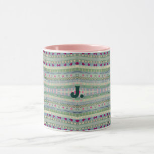 Pink and Green Pretty Hearts Pattern and a letter Mug