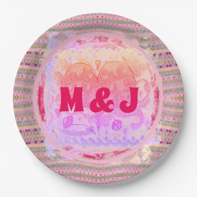 Pink and Green Pretty Hearts Pattern and Initials Paper Plate (Front)