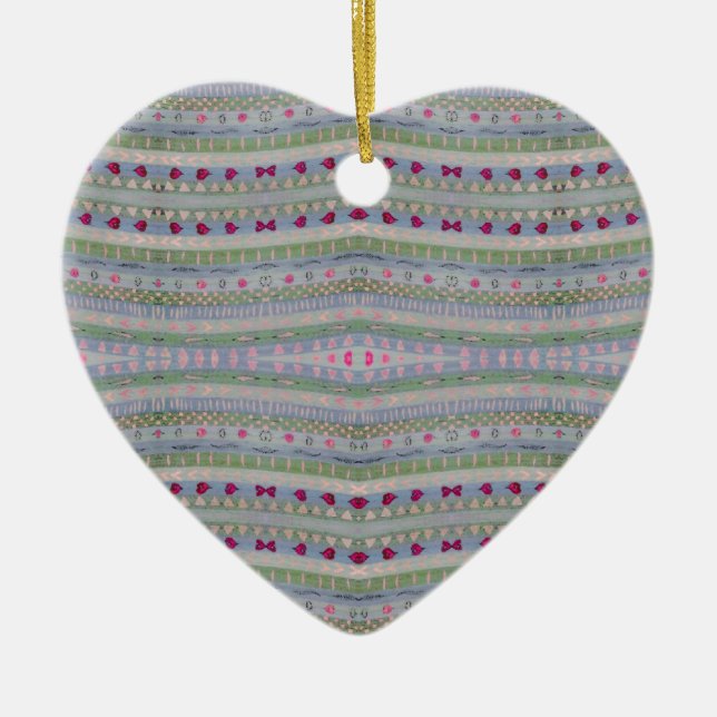 Pink and Green Pretty Hearts Pattern Ceramic Tree Decoration (Front)