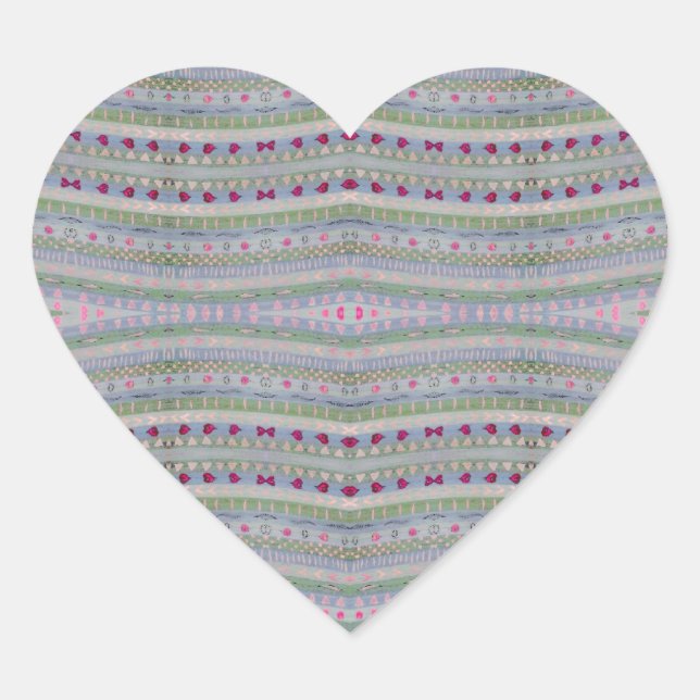 Pink and Green Pretty Hearts Pattern Heart Sticker (Front)
