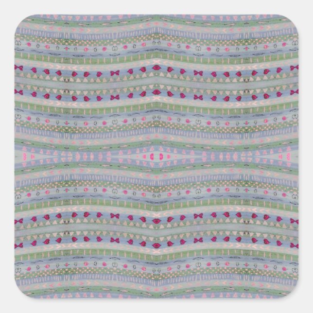 Pink and Green Pretty Hearts Pattern Square Sticker (Front)