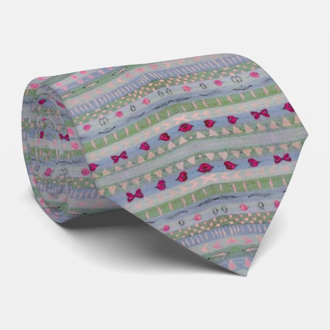 Pink and Green Pretty Hearts Pattern Tie (Rolled)