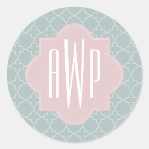 Pink and Green Quatrefoil Monogram Classic Round Sticker