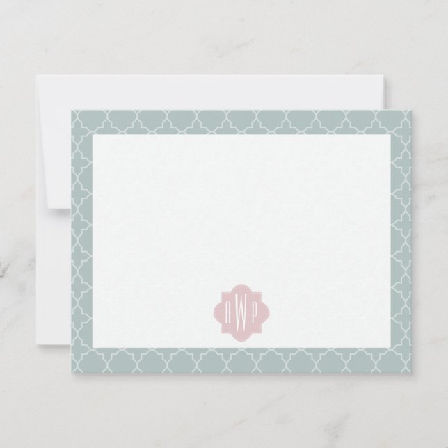 Pink and Green Quatrefoil Monogram Note Card (Front)