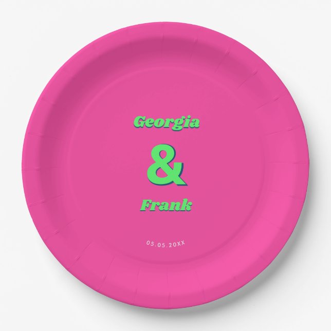 Pink and Green Retro Wedding Engagement Party Paper Plate (Front)