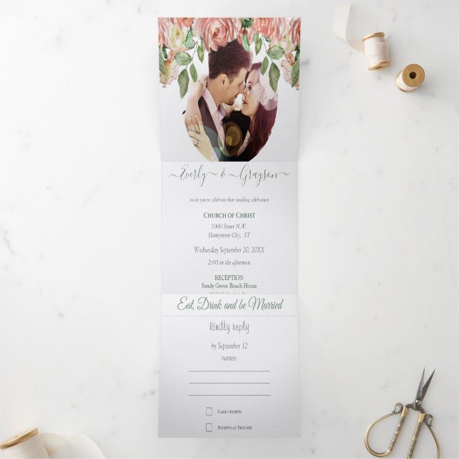 Pink and Green Rose Boho Floral Wedding Tri-Fold Invitation (Inside)