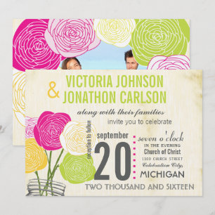 Pink and Green Rose Typography Photo on Back Invitation