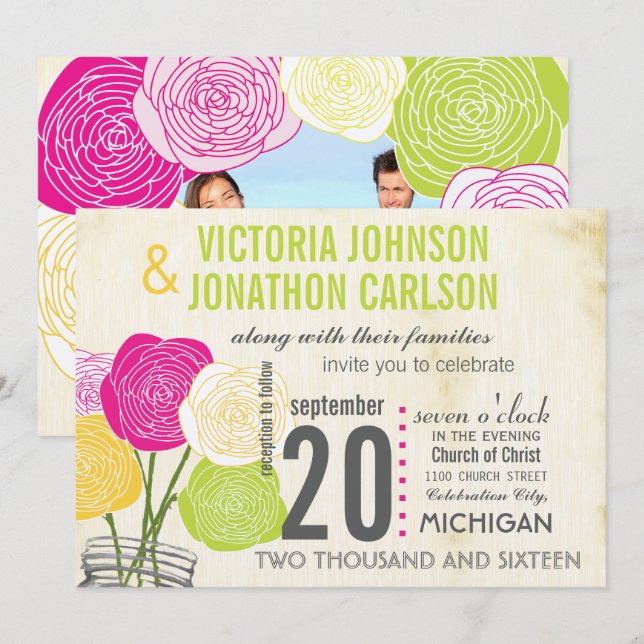 Pink and Green Rose Typography Photo on Back Invitation (Front/Back)