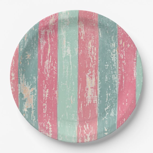 Pink and Green Rustic Wooden Fence Grunge Texture Paper Plate (Front)