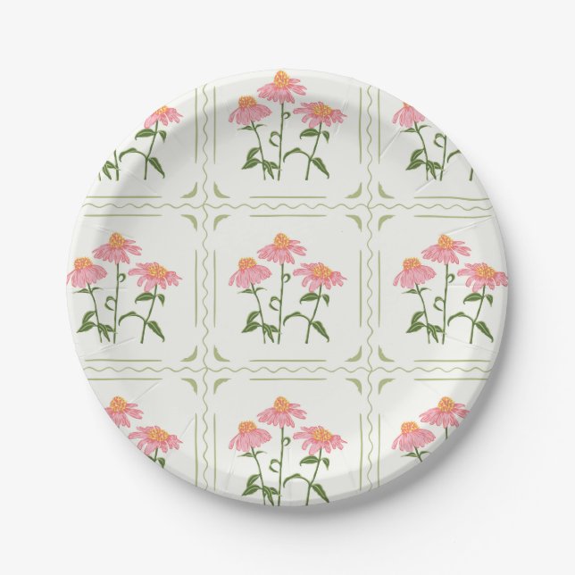 Pink and Green Spring Coneflowers Paper Plate (Front)