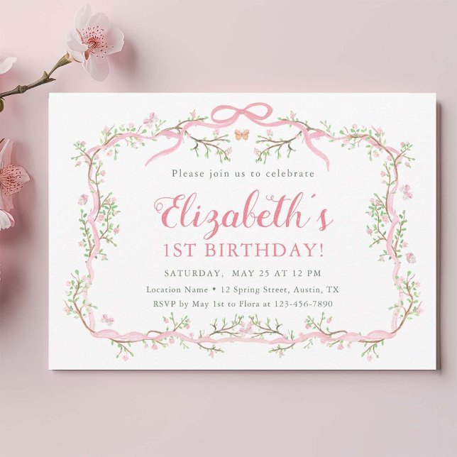 Pink and Green Spring Garden 1st Birthday Party    Invitation (Creator Uploaded)