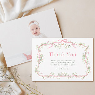 Pink and Green Spring Garden 1st Birthday Photo Thank You Card