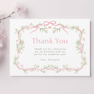 Pink and Green Spring Garden 1st Birthday Thank You Card