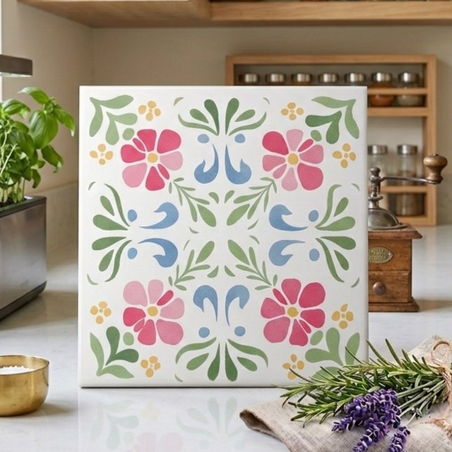Pink and Green Spring Meadow Floral Decorative Tile (Pink and Green Spring Meadow Floral Decorative Ceramic Tile)