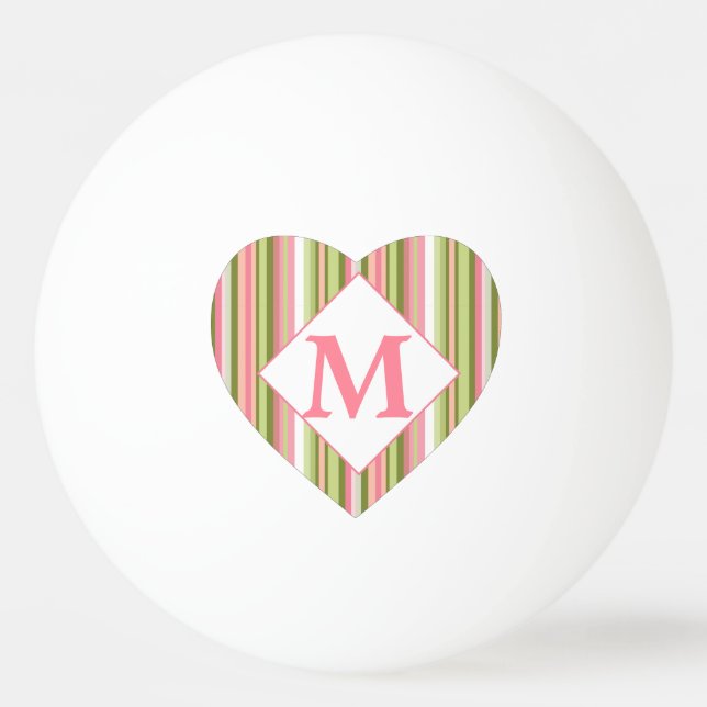 Pink and Green Spring Stripe Monogrammed Heart Ping Pong Ball (Front)