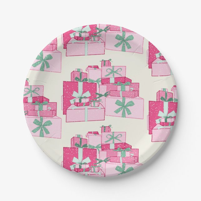 Pink and Green Stacked Christmas Presents Paper Plate (Front)