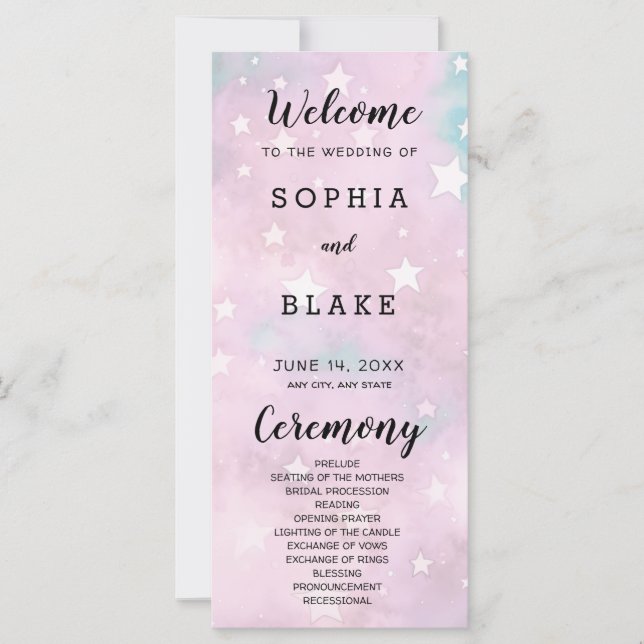 Pink and Green Stars Celestial Wedding Program (Front)