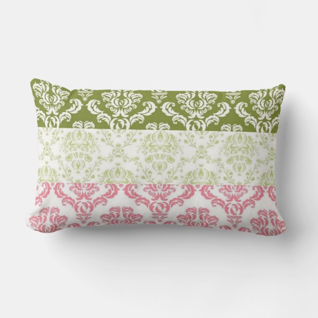 Pink and Green Stripe Damask Lumbar Cushion (Front)