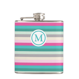 Pink and Green Striped Monogrammed Hip Flask
