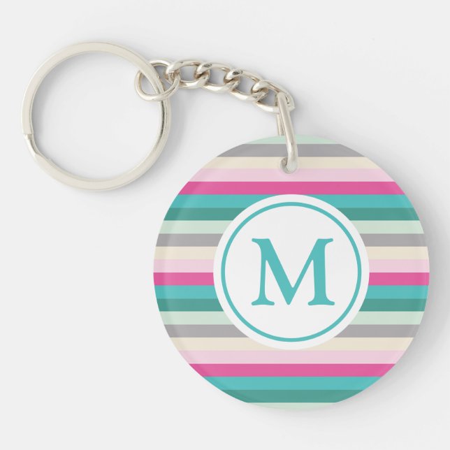 Pink and Green Striped Monogrammed Key Ring (Front)