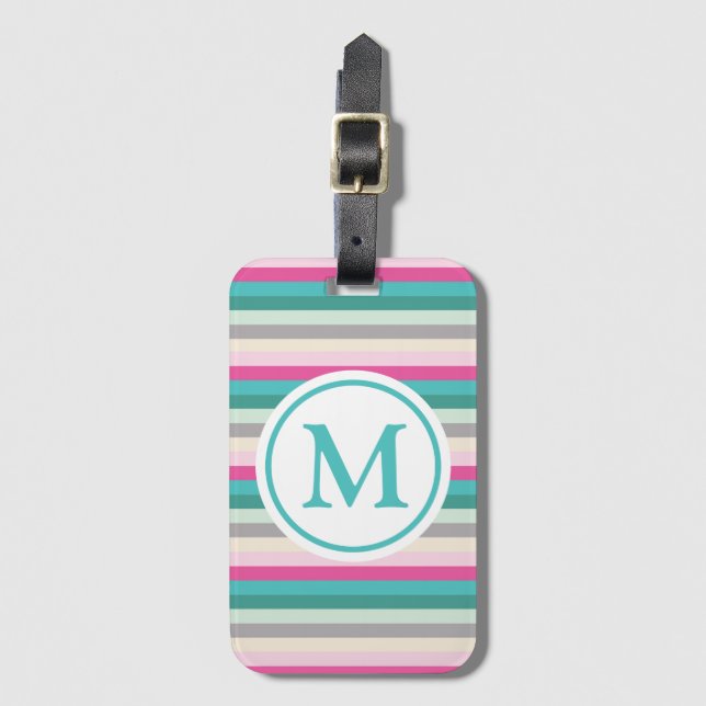 Pink and Green Striped Monogrammed Luggage Tag (Front Vertical)