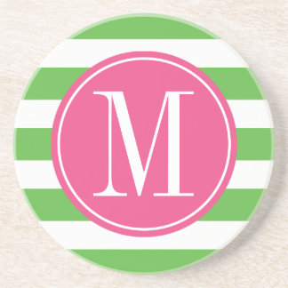 Pink and Green Stripes Custom Monogram Coaster