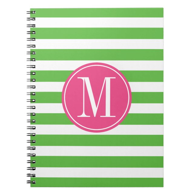 Pink and Green Stripes Custom Monogram Notebook (Front)