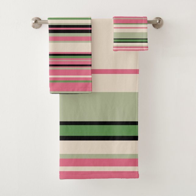 Pink and Green Stripes Mid-Century Modern    Bath Towel Set (Insitu)