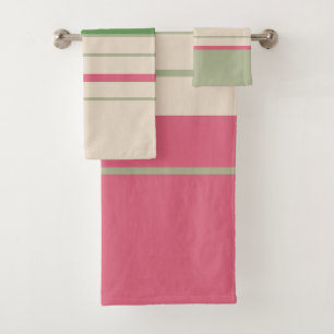 Pink and Green Stripes Mid-Century Modern  Bath Towel Set