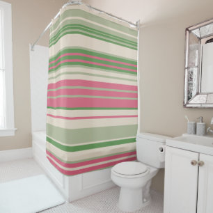 Pink and Green Stripes Mid-Century Modern  Shower Curtain