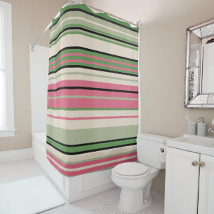 Pink and Green Stripes Mid-Century Modern    Shower Curtain