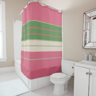 Pink and Green Stripes Mid-Century Modern  Shower Curtain