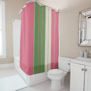 Pink and Green Stripes Mid-Century Modern  Shower Curtain