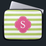 Pink and Green Stripes Monogram Laptop Sleeve<br><div class="desc">Modern and chic horizontal stripes and quatrefoil monogram design.</div>