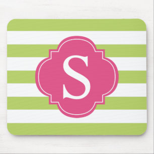 Pink and Green Stripes Monogram Mouse Mat