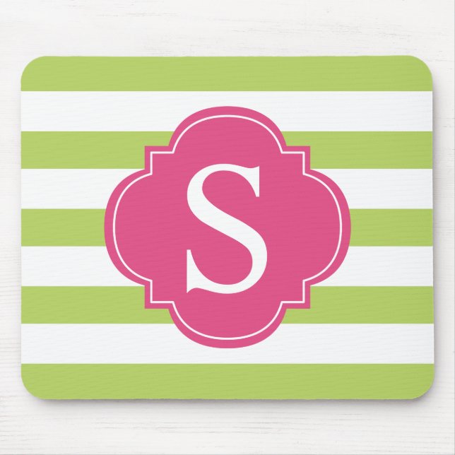 Pink and Green Stripes Monogram Mouse Mat (Front)