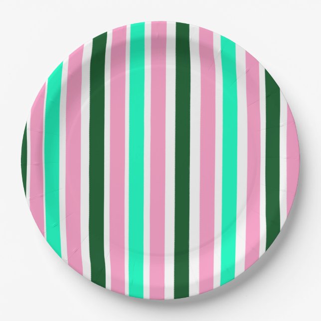 Pink and Green Stripes  Paper Plate (Front)