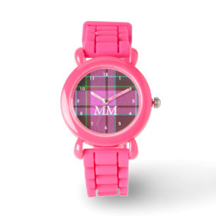 Pink and green tartan plaid monogrammed watch
