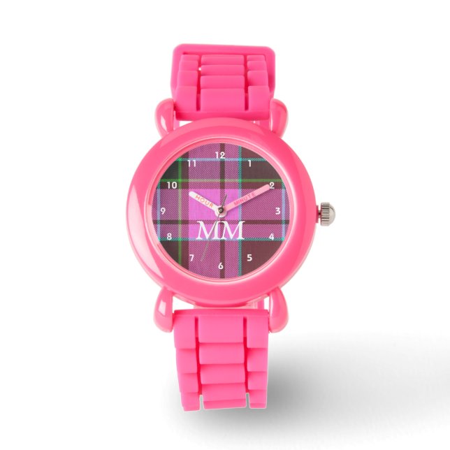 Pink and green tartan plaid monogrammed watch (Front)