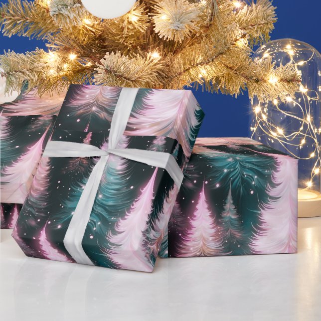 Pink and Green Trees Modern Christmas Wrapping Paper (Holidays)
